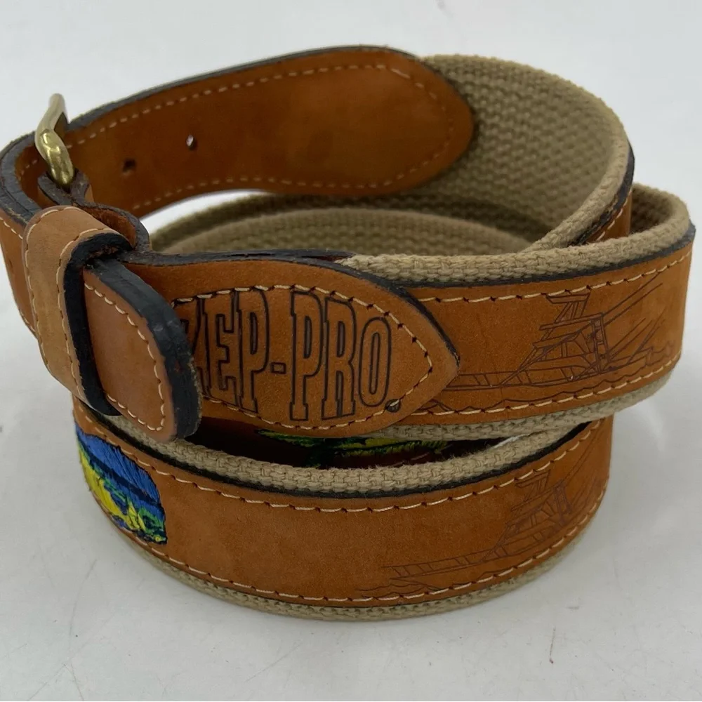 Zep Pro Leather Canvas Belt Embroidery Dolphin Fish Brown Men's 42 Fisherman USA